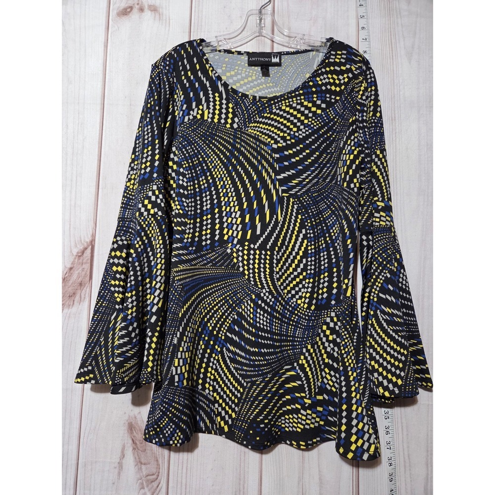Antthony Shirt Ladies Large Long Sleeve Bell Sleeve Geometric Print Tunic